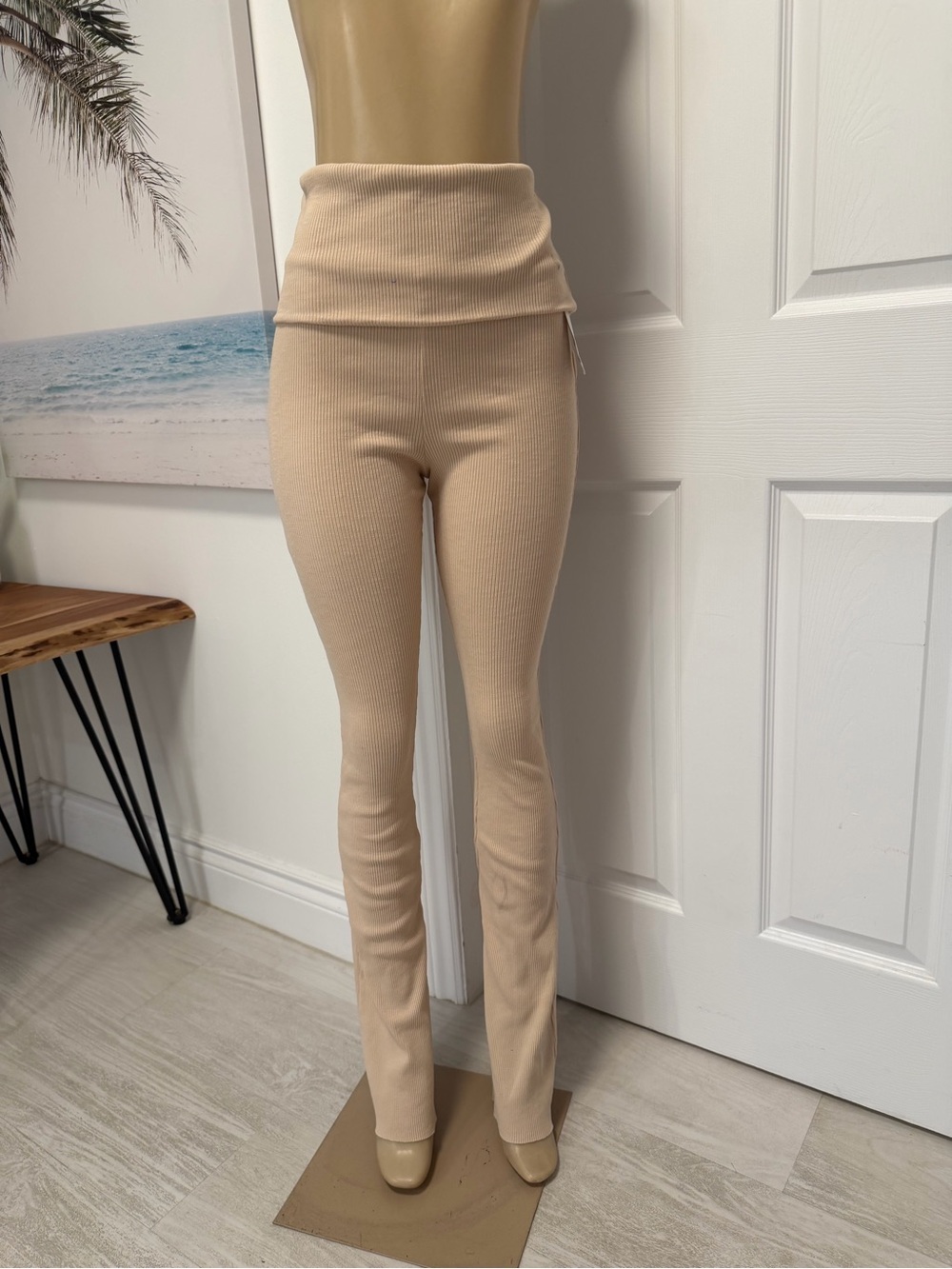 Zara Ribbed High-Waist Fold-Over Bootcut Pants - Beige